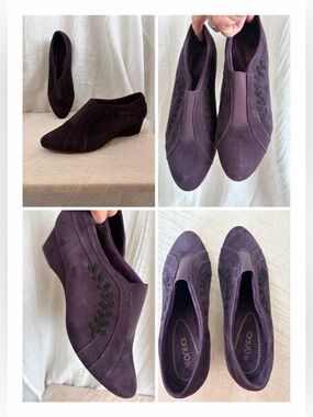 Antia Cheryl Purple Suede Wedge Shoes Slip On Elastic Gore Women's 9 WW Wide